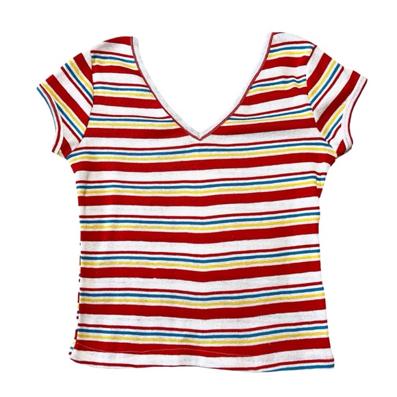 Vintage Tops - Vintage V Neck Striped T-shirt S